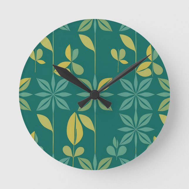 Mid-Century Modern Teal Botanical Geometric Leaf Round Clock (Front)