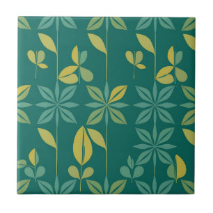 Mid-Century Modern Teal Botanical Geometric Leaf Tile