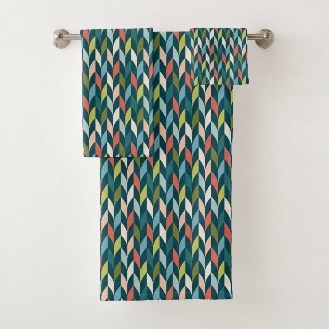 Mid-Century Modern Teal & Coral Pattern Bath Towel Set (Insitu)