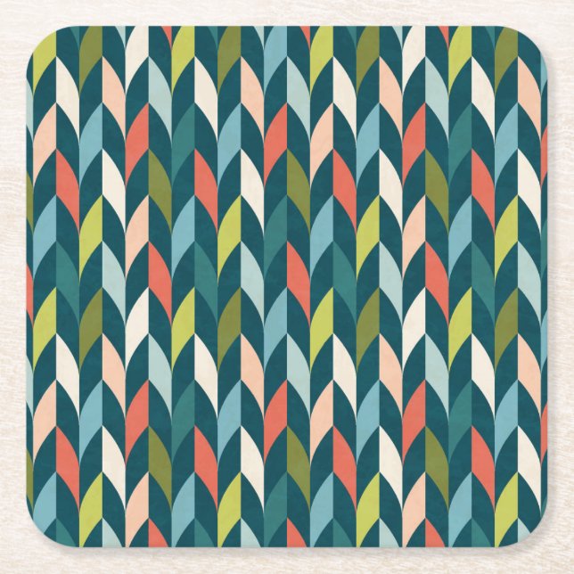 Mid-Century Modern Teal & Coral Pattern Square Paper Coaster (Front)