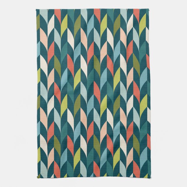 Mid-Century Modern Teal & Coral Pattern Tea Towel (Vertical)