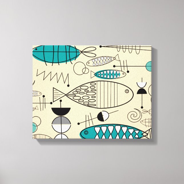 Mid-Century Modern Teal Fish Art Canvas Print (Front)