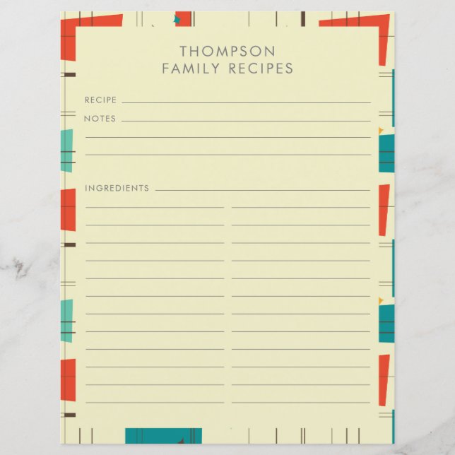 Mid Century Modern Teal Green Personalised Recipe (Front)