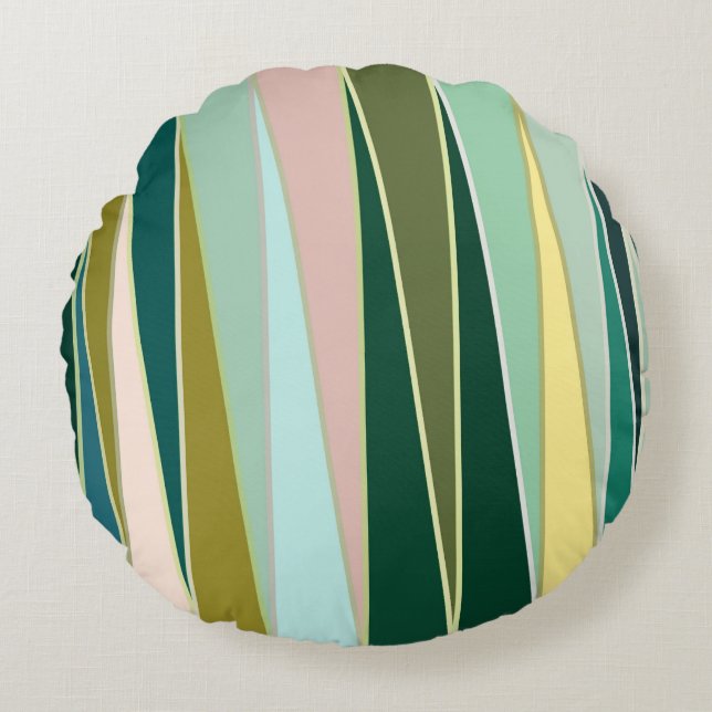 Mid-Century Modern Triangles, Aqua and Emerald Round Cushion (Front)