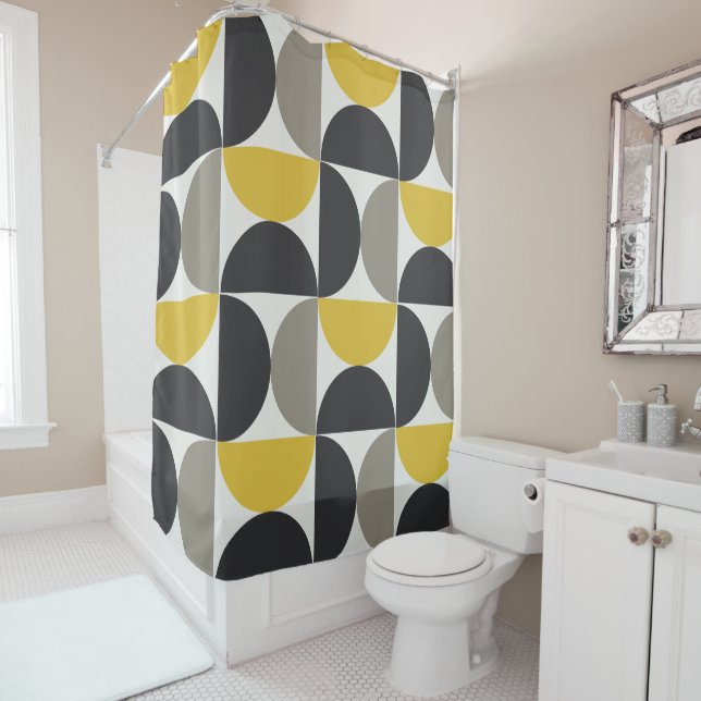 Mid-Century Modern Turmeric Gunmetal     Shower Curtain (In Situ)