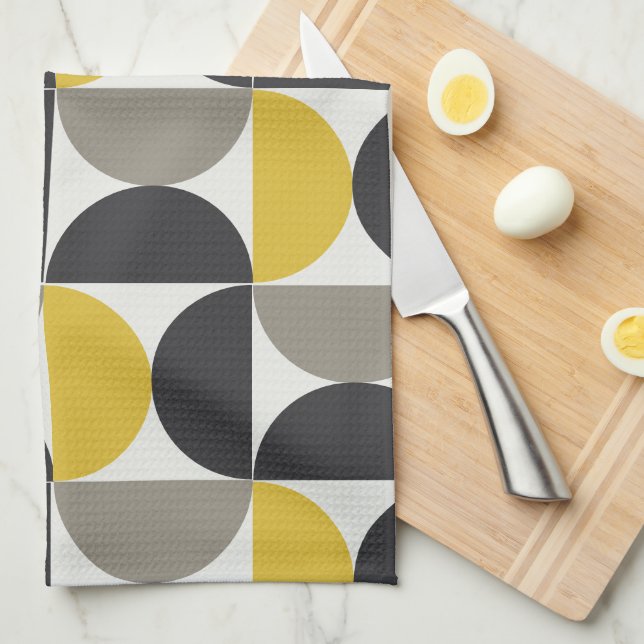 Mid-Century Modern Turmeric Gunmetal   Tea Towel (Quarter Fold)