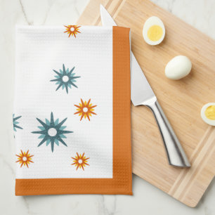 Mid-Century Modern Turquoise & Orange Starbursts Tea Towel