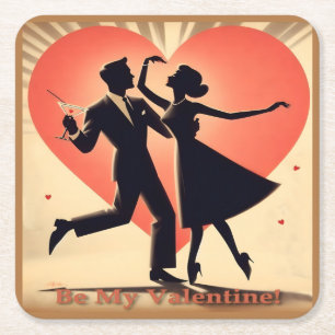 Mid Century Modern Valentine Dancing Couple Square Paper Coaster