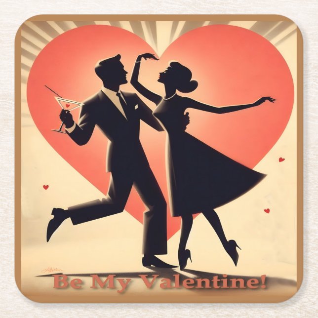 Mid Century Modern Valentine Dancing Couple  Square Paper Coaster (Front)