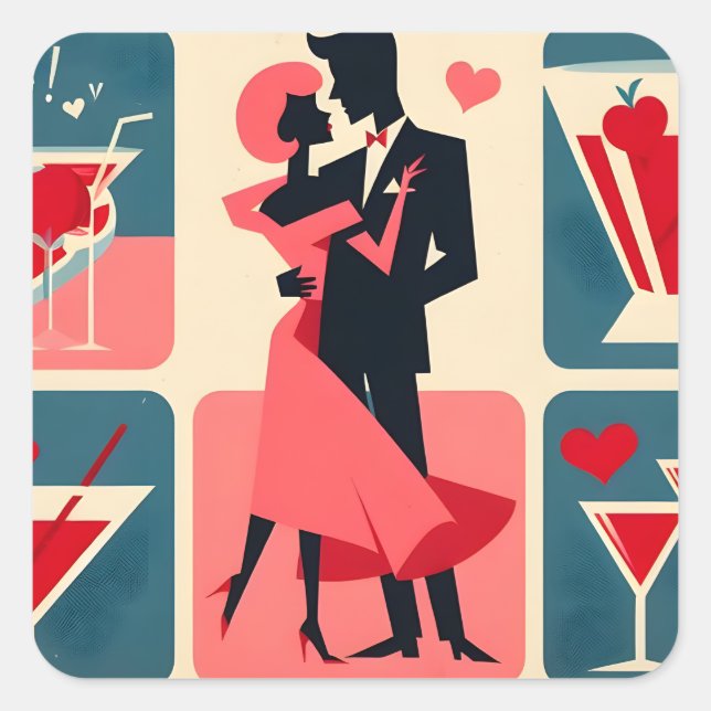 Mid Century Modern Valentine Dancing Couple Square Sticker (Front)
