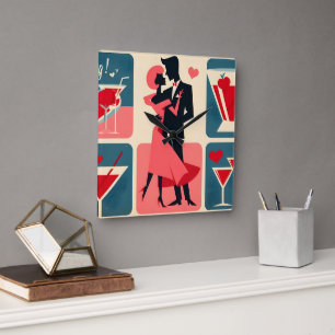 Mid Century Modern Valentine Dancing Couple Square Wall Clock