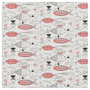 Mid-Century Fish Art Black White Green Fabric