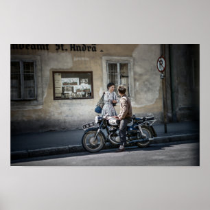  Mid Century Modern Woman with Man on Motorcycle  Poster