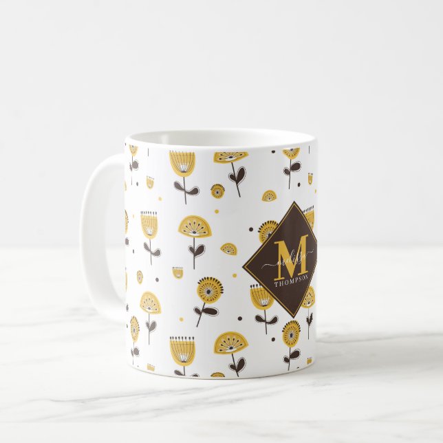 Mid Century Modern Yellow Floral Custom Name Coffee Mug (Front Left)