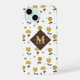Mid Century Modern Yellow Floral Custom Name iPhone 15 Case
