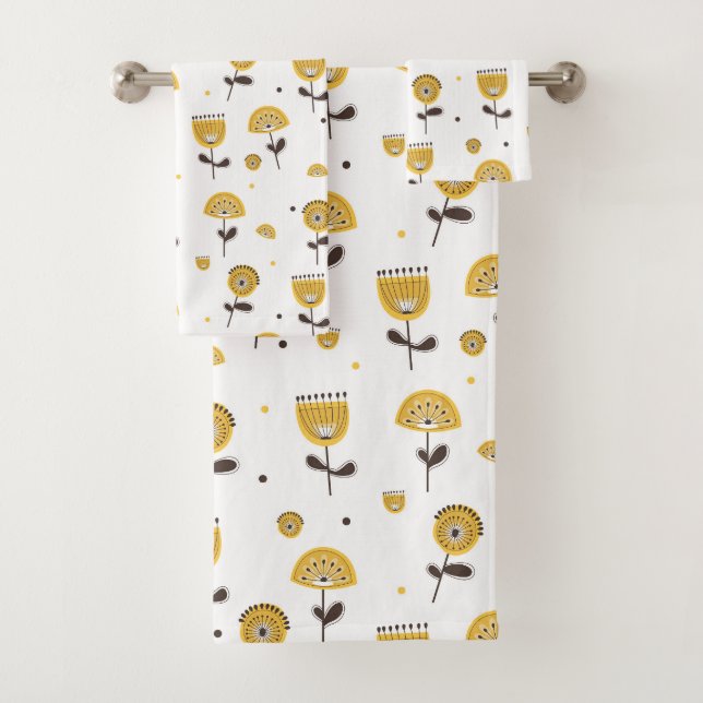 Mid Century Modern Yellow Floral Pattern Bath Towel Set (Insitu)
