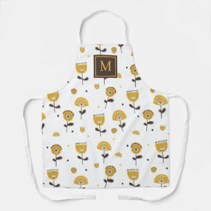 Mid Century Modern Yellow Floral Pattern Monogram Apron
