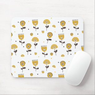 Mid Century Modern Yellow Floral Pattern Mouse Mat
