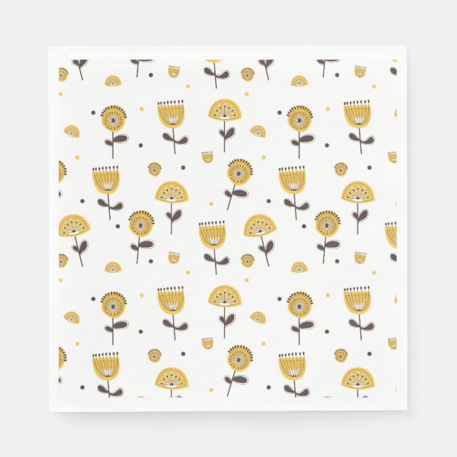 Mid Century Modern Yellow Floral Pattern Napkin (Front)