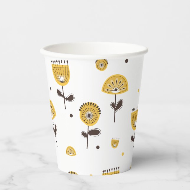 Mid Century Modern Yellow Floral Pattern Paper Cups (Front)