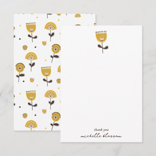 Mid Century Modern Yellow Floral Pattern Thank You Card (Front/Back)