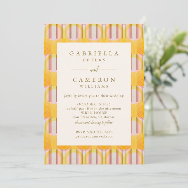 Mid Century Modern Yellow Geometric Chic Wedding Invitation (Standing Front)