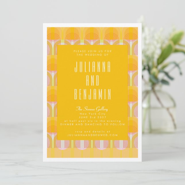 Mid Century Modern Yellow Geometric Lines Wedding Invitation (Standing Front)