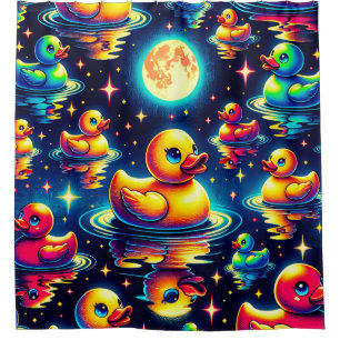 “Mid-Century Moonlit Duckies” Shower Curtain
