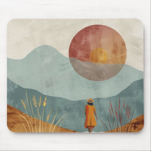 Mid Century Mountain Landscape Terracotta Sage Art Mouse Mat