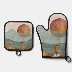 Mid Century Mountain Landscape Terracotta Sage Art Oven Mitt & Pot Holder Set