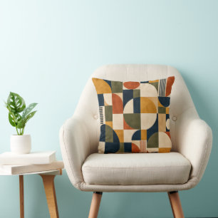 Mid Century Mustard Olive Navy Geometric Throw Pil Cushion
