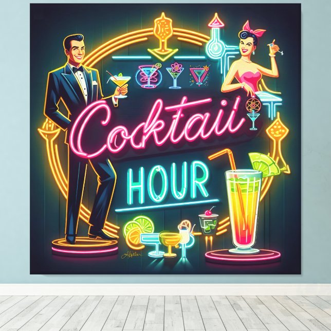 Mid Century Neon Sign Cocktail Hour Couple (Insitu(Wood Floor))