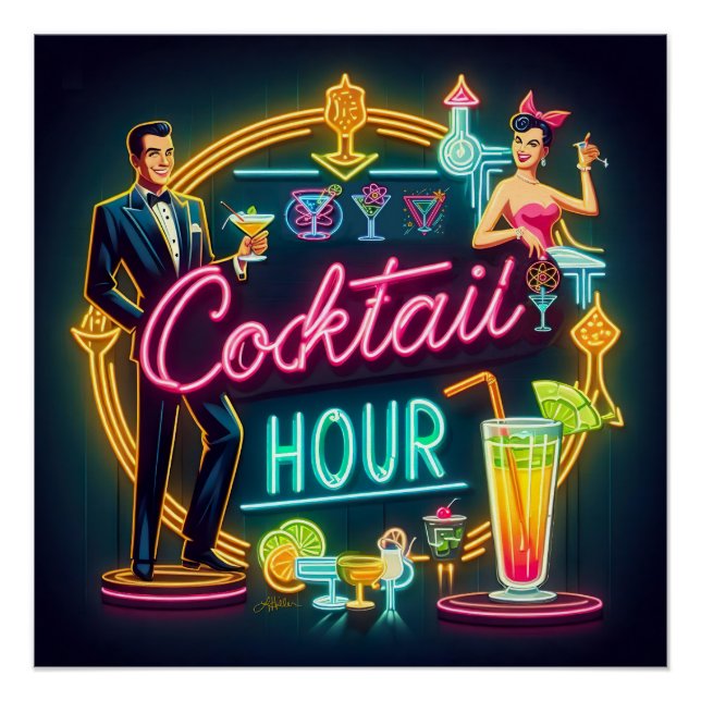 Mid Century Neon Sign Cocktail Hour Couple (Front)