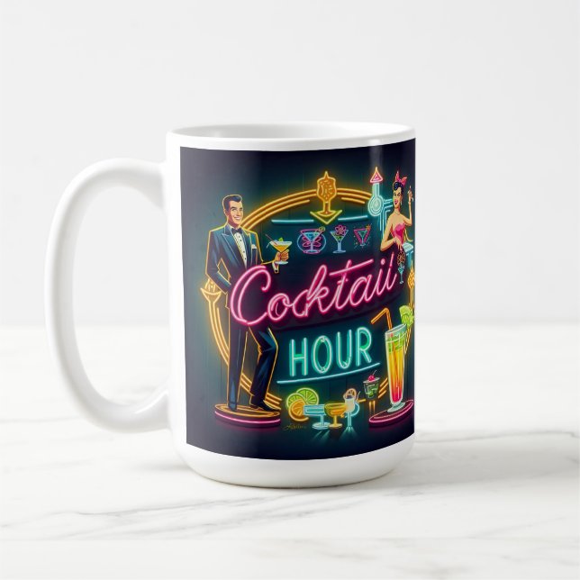 Mid Century Neon Sign Cocktail Hour Couple Coffee Mug (Left)
