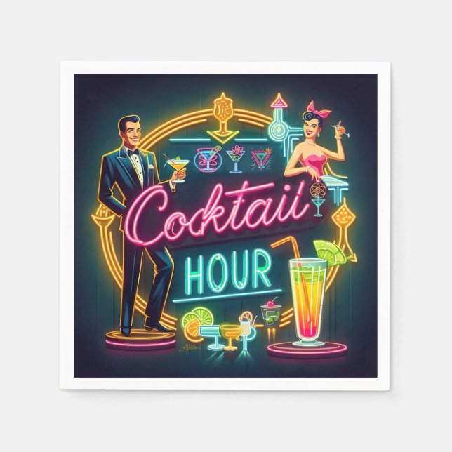 Mid Century Neon Sign Cocktail Hour Couple Napkin (Front)