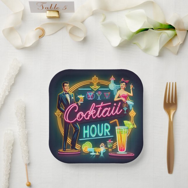 Mid Century Neon Sign Cocktail Hour Couple Paper Plate (Wedding)