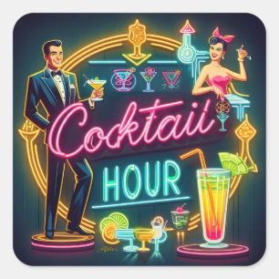 Mid Century Neon Sign Cocktail Hour Couple Square Sticker