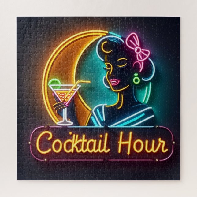 Mid Century Neon Sign Cocktail Hour Woman Jigsaw Puzzle (Vertical)