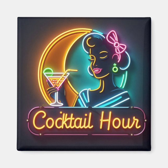 Mid Century Neon Sign Cocktail Hour Woman Magnet (Front)