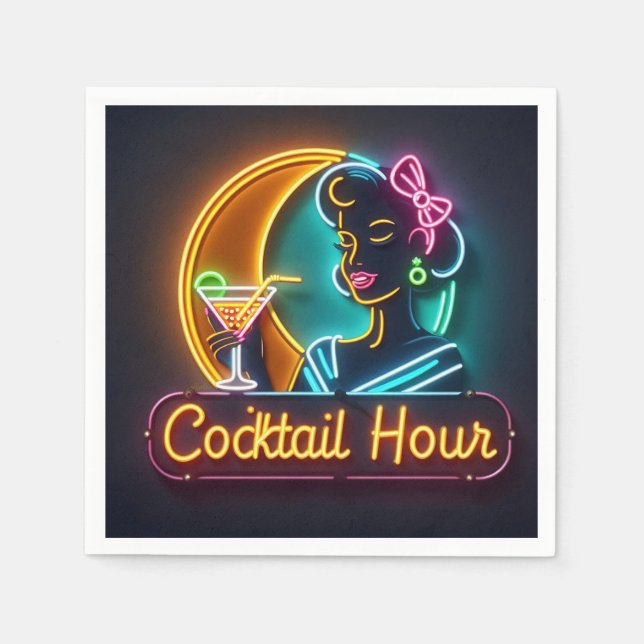 Mid Century Neon Sign Cocktail Hour Woman Napkin (Front)
