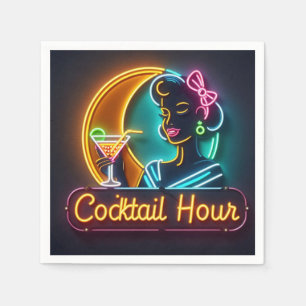 Mid Century Neon Sign Cocktail Hour Woman Napkin
