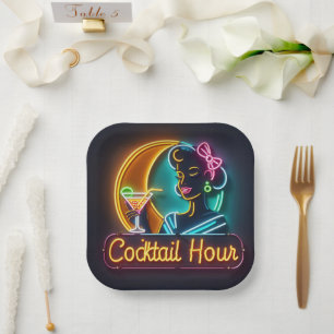 Mid Century Neon Sign Cocktail Hour Woman Paper Plate