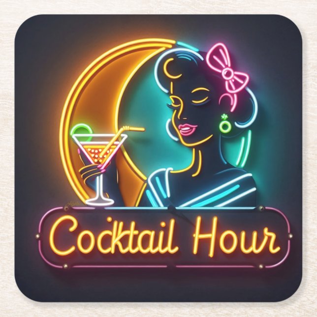 Mid Century Neon Sign Cocktail Hour Woman Square Paper Coaster (Front)