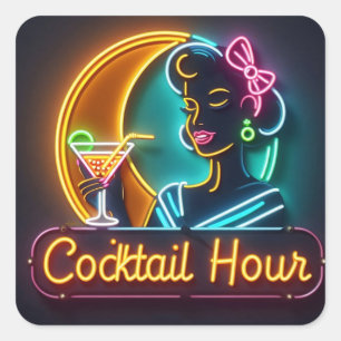 Mid Century Neon Sign Cocktail Hour Woman Square Sticker