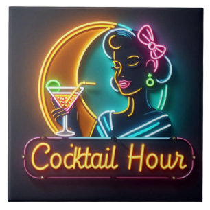 Mid Century Neon Sign Cocktail Hour Woman Tile
