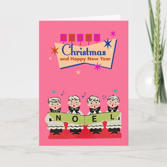 Mid-Century Noel Choir Boys Pink Christmas Card (Front)