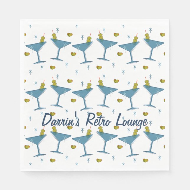 Mid-Century Olive and Blue Martini Party Napkin (Front)