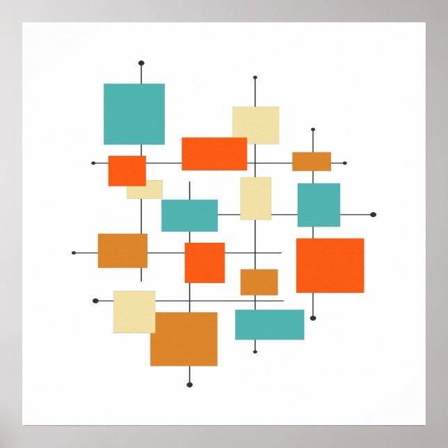 Mid Century Orange and Teal Geometric Retro Poster (Front)
