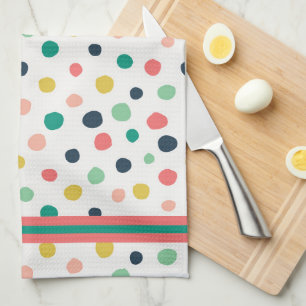 Mid Century Orange, Gold, Teal Dots and Stripes Tea Towel
