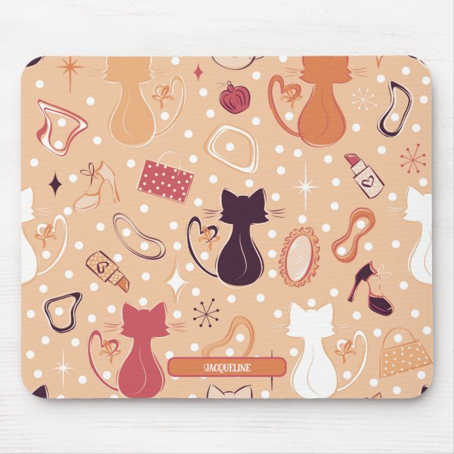 Mid Century Orange Heart Cats Mouse Mat (Front)